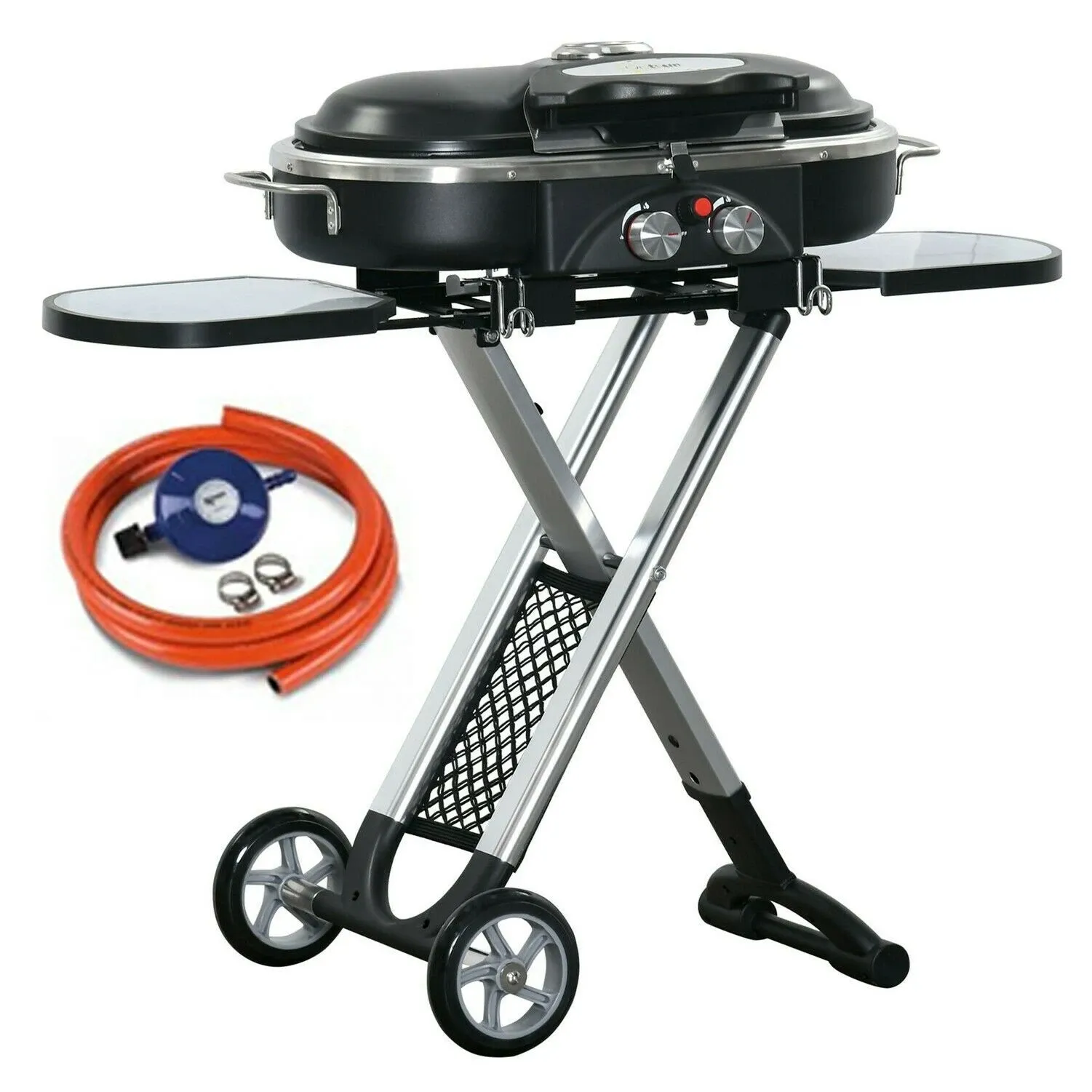 Portable gas BBQ with foldable trolley stand, side shelves, wheels and included gas hose and regulator, shown on a white background.