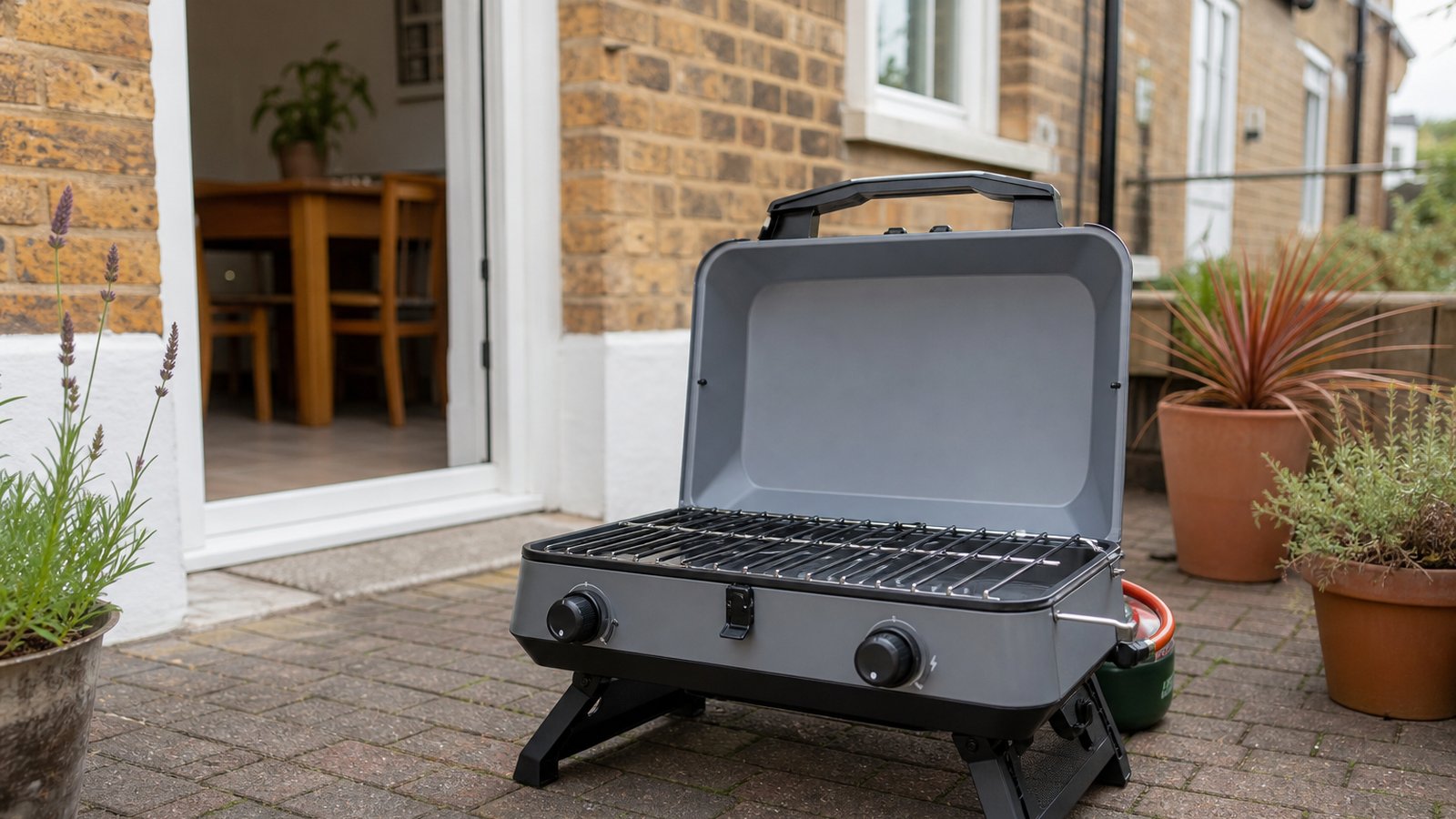 Compact grey two burner portable gas barbecue on a small patio ready for outdoor cooking