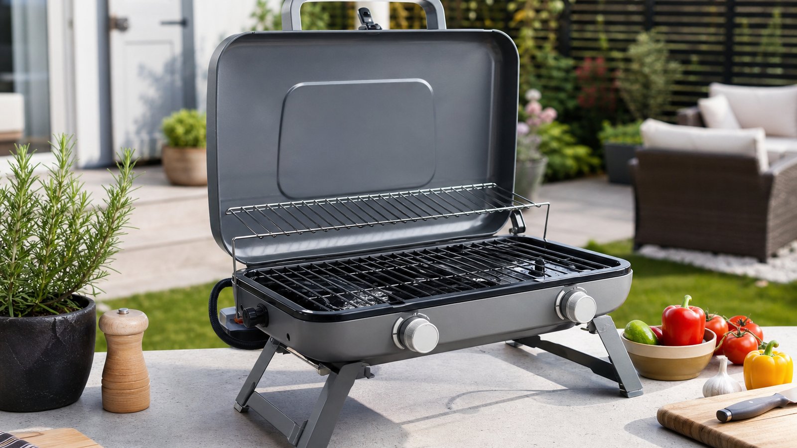 Compact portable gas barbecue on a tidy UK patio ready for outdoor cooking