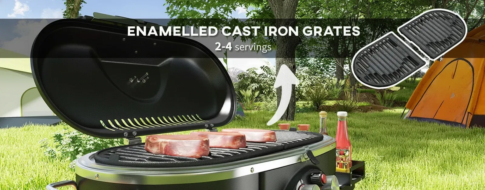 Two-burner gas barbecue arranged with separate hot and gentle cooking zones